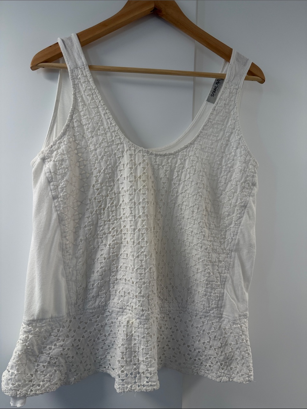 Anthropologie White Textured Tank with Crochet Strap Detail